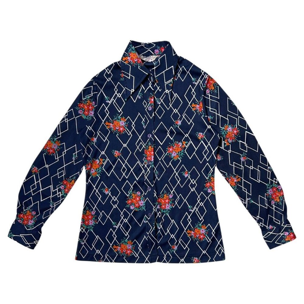 70s vintage geometric floral blouse pointed dagger collar buttonup abstract.